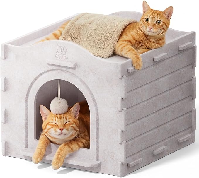 Apasiri Cat Cave Bed for Indoor Cats - Insulated Felt Cat House Indoor Hideaway, Modular Cat Houses & Condos with DIY Cat Tunnel, Scratch Resistant Pad Alternative, Small Cat Bed & Cat Furniture Gift