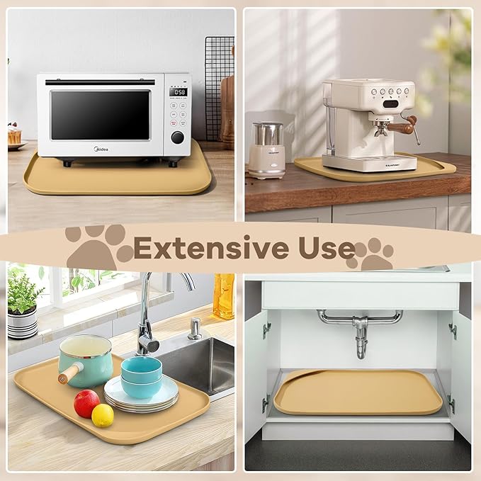 Silicone Pet Food Mat with Raised Edge for Food and Water Bowl, Dog Feeding Mats, Cat Food Trays for Floor Waterproof, Rubber Tray for Dogs and Cats, 22 x 14 x 0.8 Beige