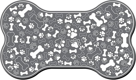 Dog & Cat Food Mat Bone Shaped Pet Feeding Mat Quick Absorb Water Bowl Placemat with Rubber Backing Indoor Floor Stain Resistant Pet Accessory Supplies (Dark Gray, 17x29 Inches)