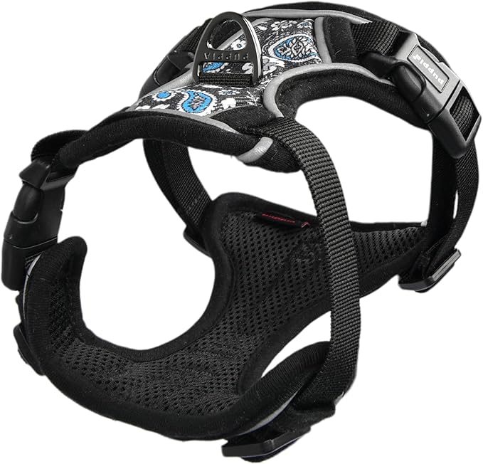 Puppia Cynthia Dog Harness H Sturdy Adjustable Neck and Chest Reflective Flower Pattern Front and Back D-Ring for Small and Medium Dogs, Black, Medium