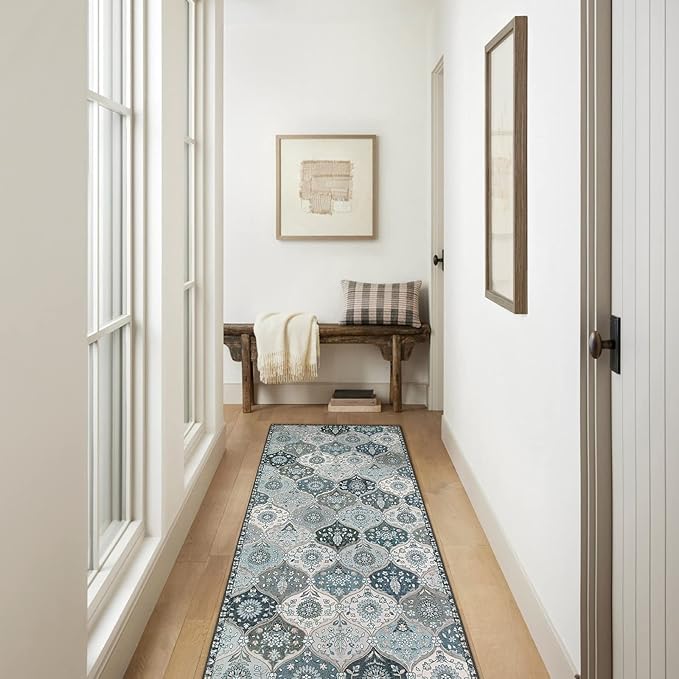 Lahome Moroccan Washable Runner Rug, 2'5''x8' Ultra-Thin Vintage Kitchen Runners for Hallways, Oriental Non-Slip Hallway Rug Carpet for Entryway Bedroom Laundry Room Foyer, Blue
