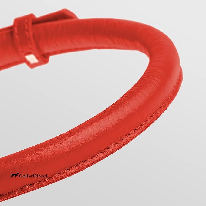CollarDirect Rolled Leather Dog Collar, Soft Padded Round Puppy Collar, Handmade Genuine Leather Collar Dog Small Large Cat Collars 13 Colors (8-11 Inch, Red Textured)
