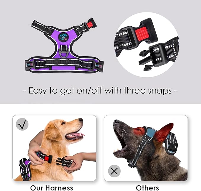 PHOEPET Reflective Dog Harness Large Breed Adjustable No Pull Vest with Handle 2 Metal Rings 3 Buckles [Easy to Put on & Take Off](L, Purple)
