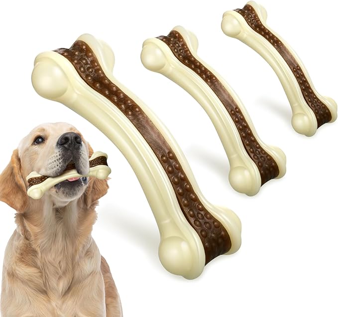 Sosation 3 Pack Chew Toys for Aggressive Chewers, Bone Toys Nylon Beef Flavor Dog Teething Toys for Large/Medium/Small Puppies Breeds(Small, Large, Medium, Curved Bone)