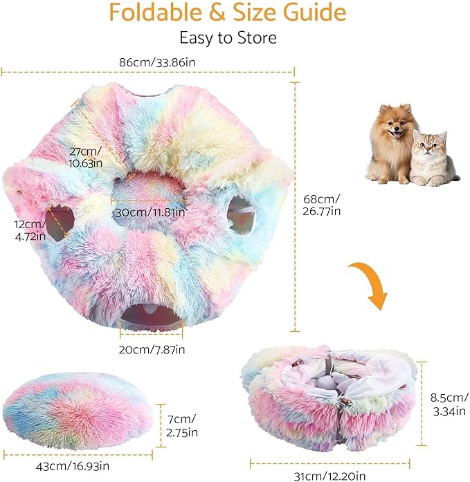 Cat Tunnel Bed, Collapsible Cat Tunnel with Washable Cushion,3-in-1 Multi-Functional Play Tunnel with Peek Holes & Ears, Indoor Playhouse for Cats Kittens Rabbits Small Dogs,Gift for Pet