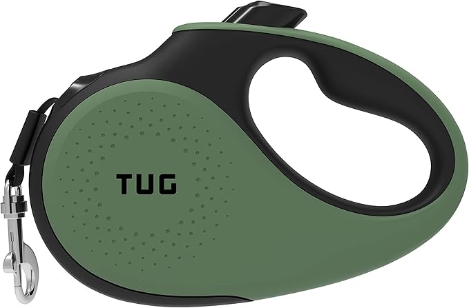 TUG 360° Tangle-Free Retractable Dog Leash with Anti-Slip Handle | 16 ft Strong Nylon Tape | One-Handed Brake, Pause, Lock (Medium, Green)