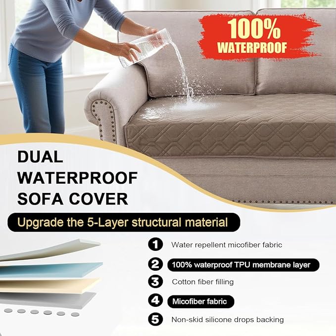 PrinceDeco Waterproof Couch Cover for Dogs Washable Dog Blanket Indoor and Outdoor Replacement Bed Cover with Anti-Slip Back Furniture Bed Couch Sofa for Large Sized Dog(52x82 Inch,Taupe)