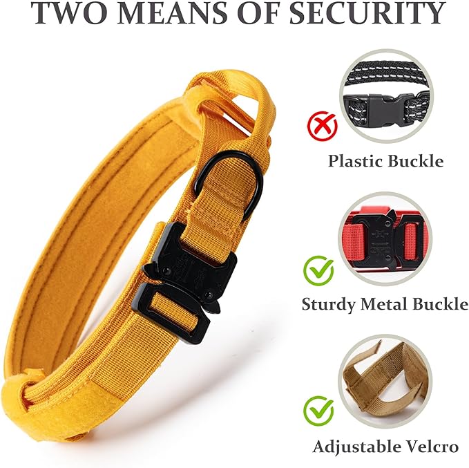 Tactical Dog Collar, Adjustable Military Training Nylon Dog Collar with Control Handle and Heavy Quick-Release Metal Buckle for Small Medium Large Dogs, Yellow XXL