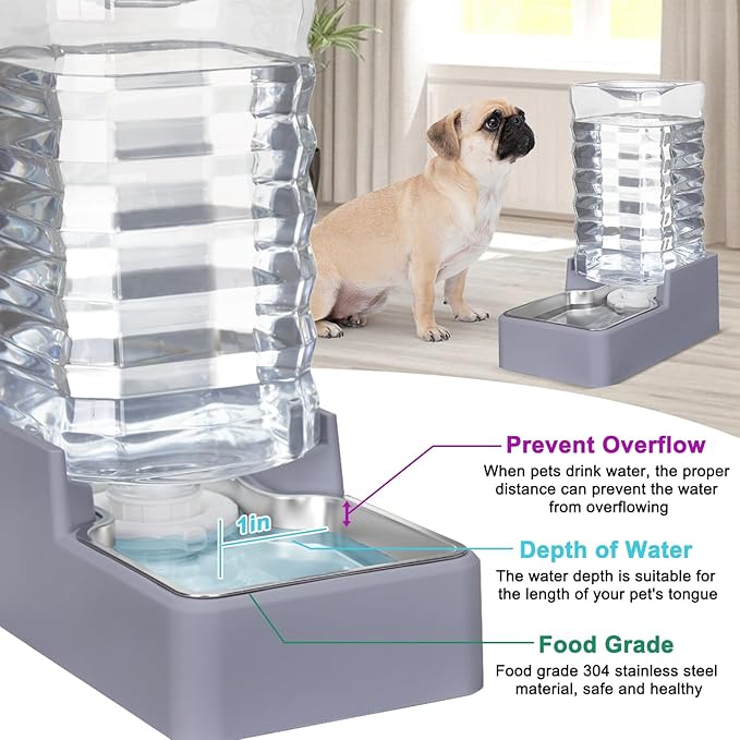 Sfozstra Automatic Lagre Water Dispenser: 9L Dogs Stainless Steel Gravity Light Gray Upgraded Feeder - Two Caps and Filters - Convenient Designed for Multiple Pets
