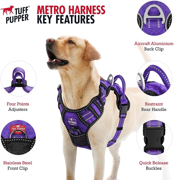 Tuff Pupper No Pull Easy Walk Dog Harness | Heavy Duty Pet Vest | Front & Back Leash Clips | Strong Safety Handle | Reflective Anti Pull Vest | Comfortable Padded Escape Proof Harness(Medium, Purple)