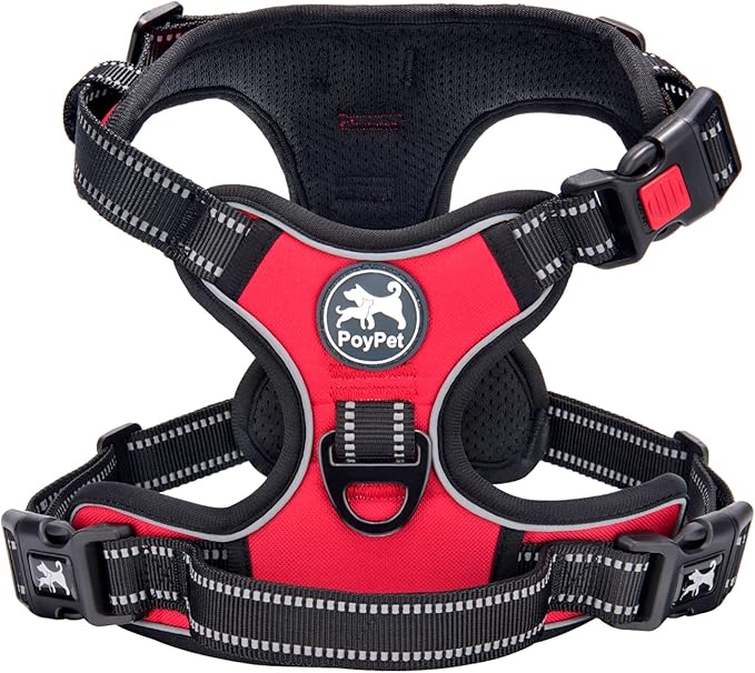 PoyPet No Pull Dog Harness, No Choke Front Clip Dog Reflective Harness, Adjustable Soft Padded Pet Vest with Easy Control Handle for Small to Large Dogs(Red,S)