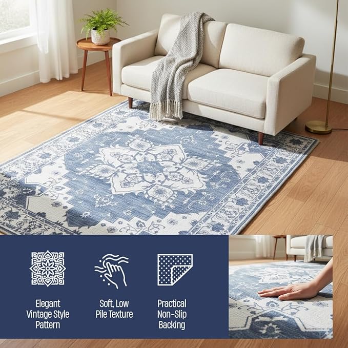 Muddy Mat짰 Navybell 3ft x 5ft Washable Area Rugs for Living Room, Bedroom & Dining Room ??Modern Soft Low Pile Non Slip Carpet ??Pet Friendly Waterproof Foldable Rugs for Home