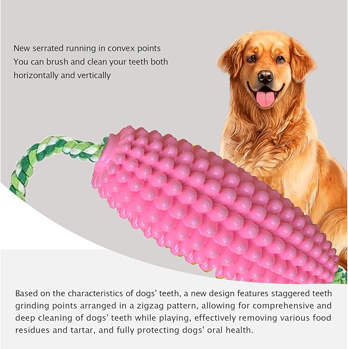 FJ Four Joys Corn-Shaped Dog Chew Toy, Squeaky Toy, Dog Toothbrush, Tough and Interactive Toy for Small, Medium and Large Dogs (Pink)