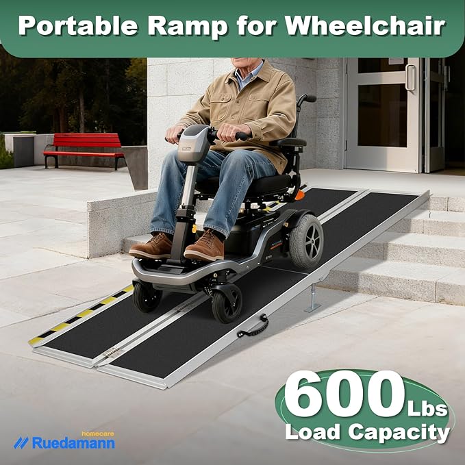 Ruedamann 10'L Wheelchair Ramp, 600Lbs Capacity, Non-Slip Threshold Ramp, Portable Aluminum Folding Handicap Ramp for Home, Wheelchairs, Steps, Stairs, Doorways, Curbs
