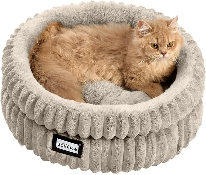 BALANCE Cat Bed Kitten Bed, Washable Round Cat Beds for Indoor Cats,Super Soft Plush Faux Fur Pet Bed for Puppy and Kitten with Anti-Slip Bottom