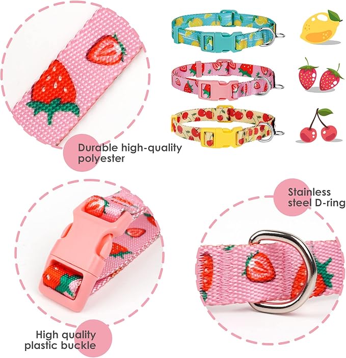 azuza 3 Pack Fruit Design Dog Collars Comfortable and Adjustable Nylon Dog Collars for Large Dogs, L (18-26inch)，Strawberry，Lemon and Cherry