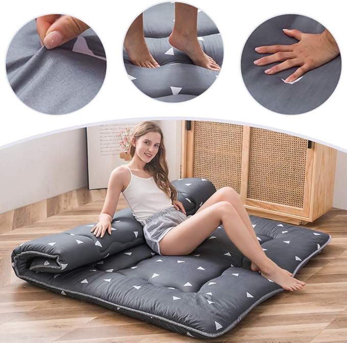 MAXYOYO Grey Triangle Japanese Floor Futon Mattress, Tatami Floor Mat Portable Camping Mattress Kids Sleeping Pad Foldable Roll Up Floor Lounger Pillow Bed Queen Size with Mattress Protector Cover