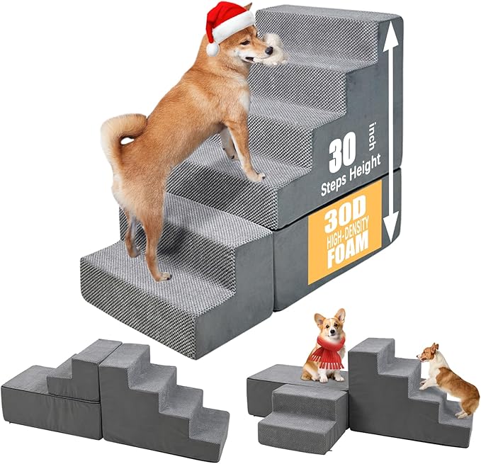 30" Dog Stairs&Steps for Small Dogs for High Beds 6-Step Pet Ramp Up to 30-36" High for Small Dogs & Cats, Grey No Assembly Required