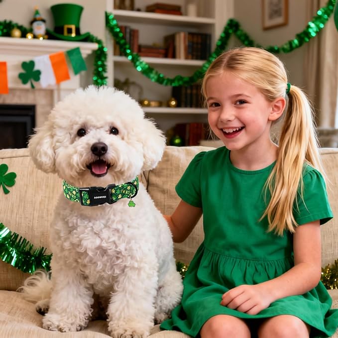 DOGWONG St Patrick's Dog Collar, Green Clover Pet Collar Cotton Shamrock Pet Collar Cute Puppy Collar Adjustable Pet Dog Collars for Large Dogs,L