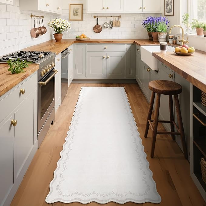 GarveeHome 2.5x8 Scalloped Washable Runner Rug for Kitchen, Soft Neutral Beige Long Hallway Runner Non Slip Entryway Rug Farmhouse Thin Laundry Mat Stain Resistant Carpet for Bathroom Beside Rug