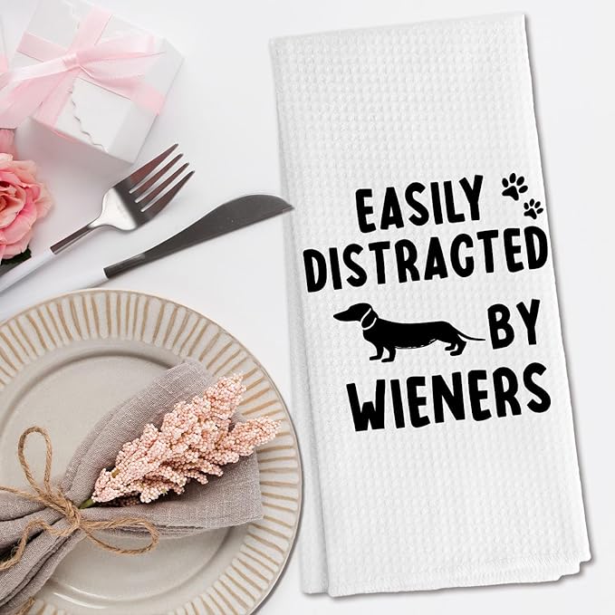Weiner Dog Kitchen Towels, Dachshund Gifts for Women, Dachshund Dog Hand Towels, Easily Distracted by Wieners Decorative Dish Towels for Kitchen Decor, 16x24 Inch