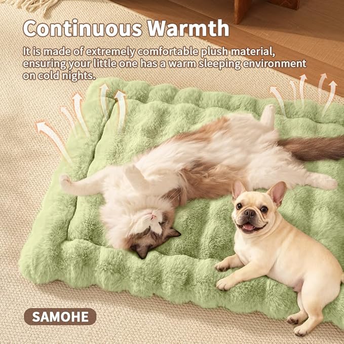 Self-Warming Cat Bed, Plush Faux Fur Pet Bed Mat with Anti-Slip Bottom, Ultra Soft Heated Pad for Cats & Kittens, Cozy Fluffy Bed for Window & Sills Couches, Machine Washable, 23x15 Inch Green