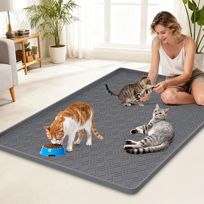 Lanstics Cat Food Mat, 42" x 29" Large Silicone Mat Cat Feeding Mat with Raised Edge Non-Slip Pet Feeding Mat for Food and Water Bowl, Easy to Clean, Floor Protection (Dark Gray)