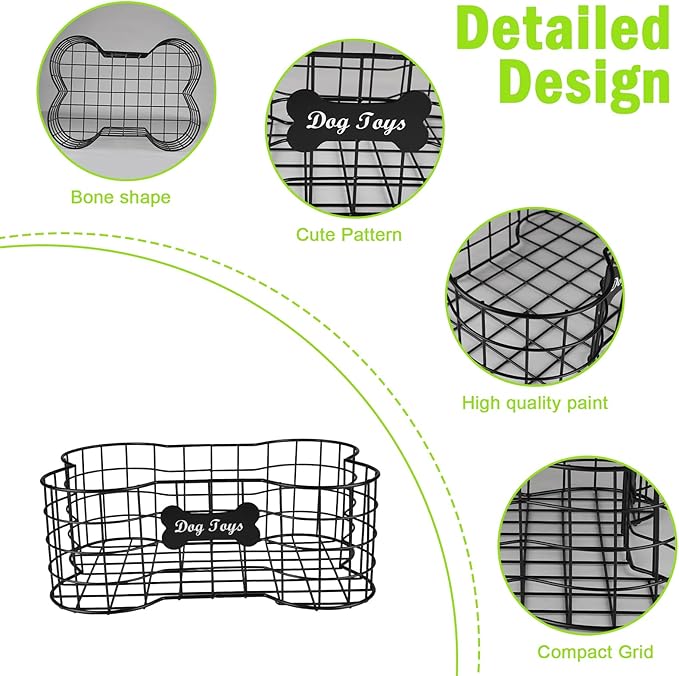 Geyecete Dog Toy Basket, Bone Shaped, Black, Metal, Organizer, Storage, Pet Accessories