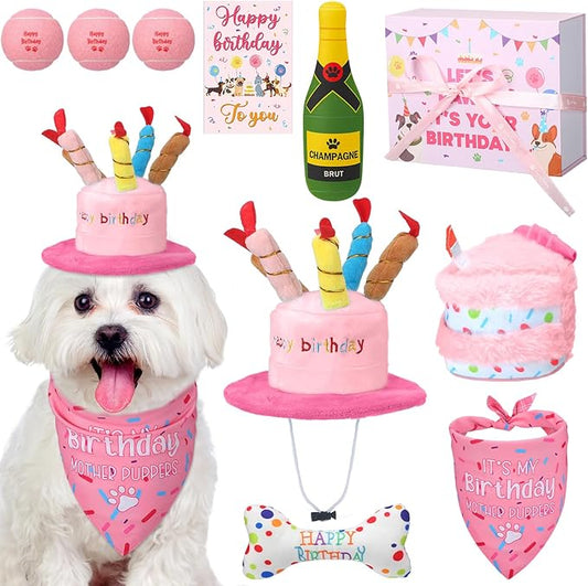 10 Pcs Dog Birthday Toy Set Dog Birthday Cake Bone Wine Bottle Hat Bib Ball Card Ribbon Plush Pet Gifts for Small Medium Puppy Squeaky Dogs Pet Toy Party Supplies(Pink)