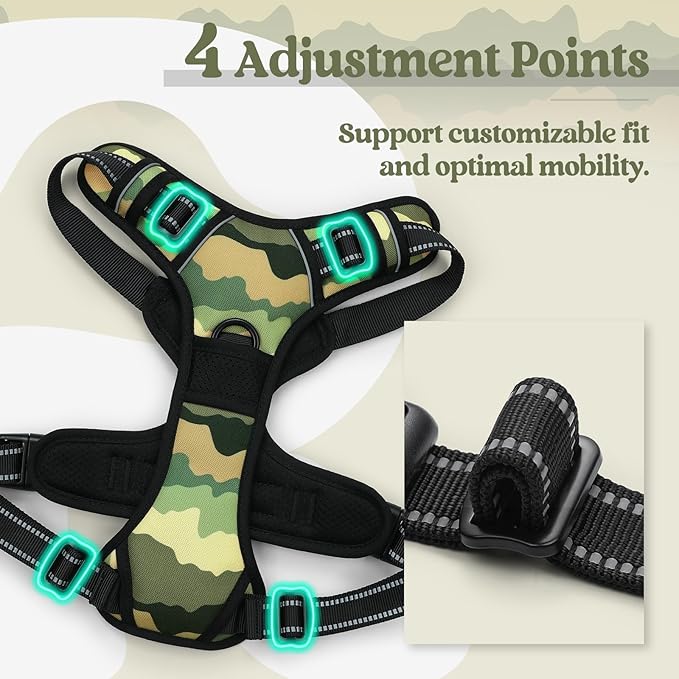 rabbitgoo Dog Harness No Pull with 2 Leash Clips, Adjustable Soft Padded, Reflective Oxford No Choke Pet Vest with Easy Control Handle for Large Dogs, Green Mountain,S
