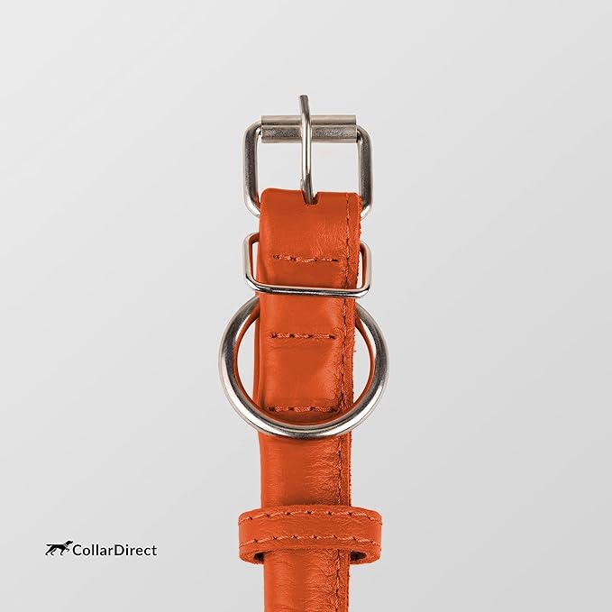 CollarDirect Rolled Leather Dog Collar, Soft Padded Round Puppy Collar, Handmade Genuine Leather Collar Dog Small Large Cat Collars 13 Colors (15-19 Inch, Orange Textured)