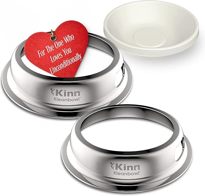 Kinn Kleanbowl Pet Bowl Stainless Steel Frame with Compostable Refills, 24 oz (Pack of 2) – Spill-Proof Stable Disposable Pet Bowls for Easy Cleaning and Healthy Pets, No Plastic