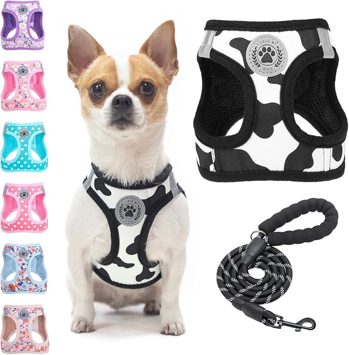 BEAUTYZOO Small Dog Harness and Leash Set, Cow Print Step in Dog Harness No Pull No Choke Puppy Harness Reflective for XXS XS S Dogs Cats, Soft Padded Mesh Vest Harnesses Girl and Boy Pets