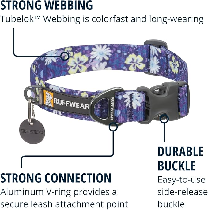 Ruffwear, Front Range Dog Collar, Adjustable Tubelok Webbing, Lightweight, Side Release Buckle, Aluminum V-Ring, Durable for Everyday Use, Wildflower, 11"-14"