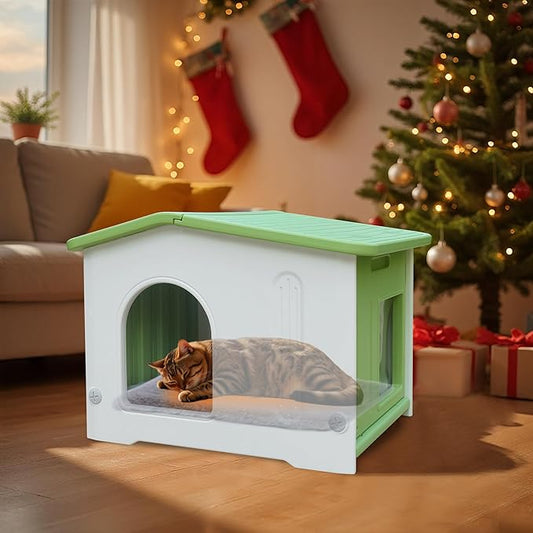 Outdoor Cat House with Escape Door,Feral Cat House with Selfwarming Mat Outdoor Cat House Watwerproof Large Cat House for 1-2 Cats, Assemble Easily-Green