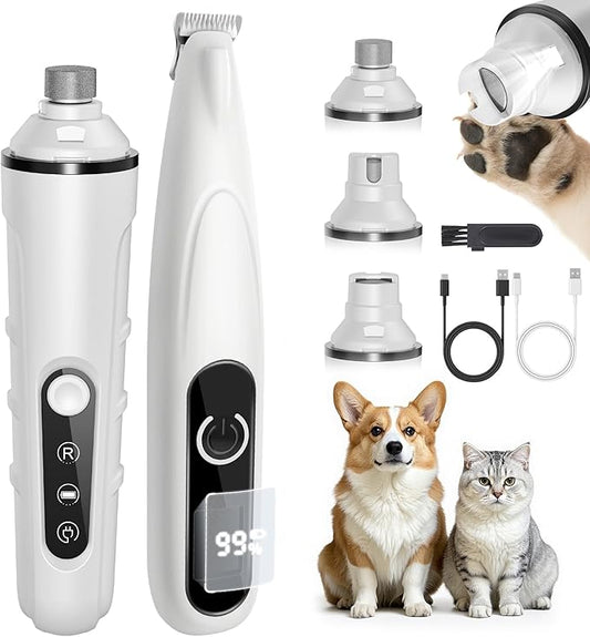 2 in 1 Dog Nail Grinder Quiet and Dog Paw Trimmer, Powerful Painless Electric Dog Nail Trimmers for Large Medium Small Dogs, Rechargeable Cordless Dog Hair Clippers for Paws, Ears, Eyes, Rump
