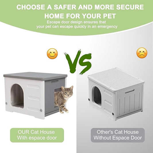 Waterproof Cat House for Outdoor Cats, Plastic Feral Cat House with Escape Door and Soft Mat, Large Indoor Cat Shelter for Mutiple Cats - Grey
