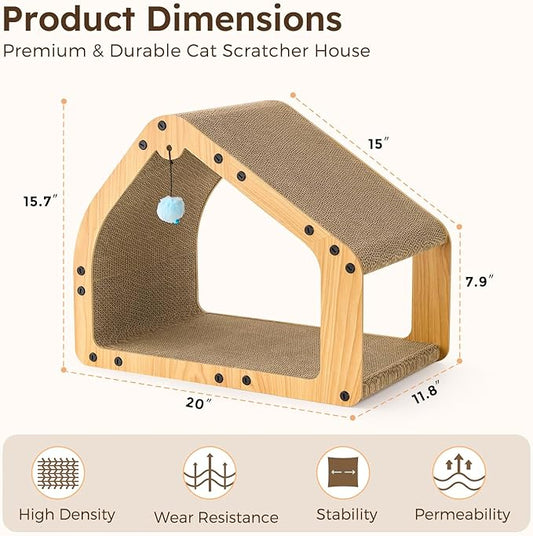 20'' Cardboard Cat Scratcher House - Large Cat Scratching Board with Balls, Cat Lounger as Tunnel for Indoor Cats and Kittens, Safe & Secure, Brown