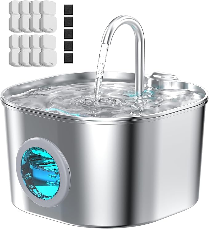 Cat Water Fountain with 8 Filters + 5 Sponges,Small Pet Waterer Dispenser Fountains for Drinking Cats Indoor Metal Automatic Waterer Bowl 24/7 Running Auto Kitty Watering Supplies Quiet Pump