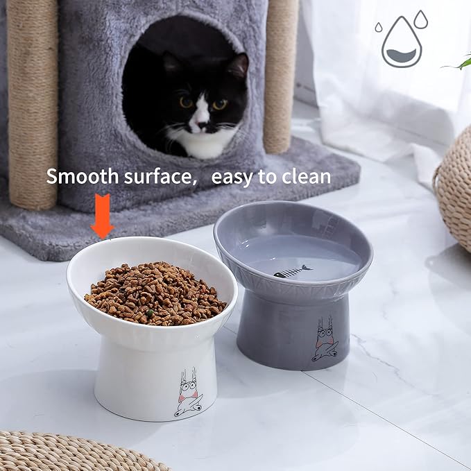 OMAYKEY 6.5 Inch Extra Wide Ceramic Raised Cat Bowl Set, Tilted Elevated Cat Bowls for Food and Water, Prevent Whisker Fatigue, Stress Free, Less Vomiting, Protect Spine, White & Grey