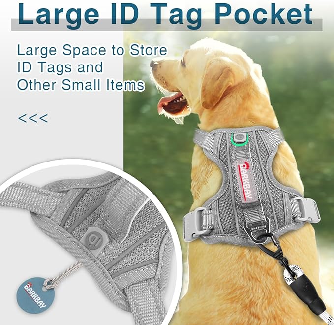 BARKBAY Dog Harness No Pull with ID Tag Pocket - Heavy Duty, Reflective, Easy Control for Large Dogs(Grey,XL)
