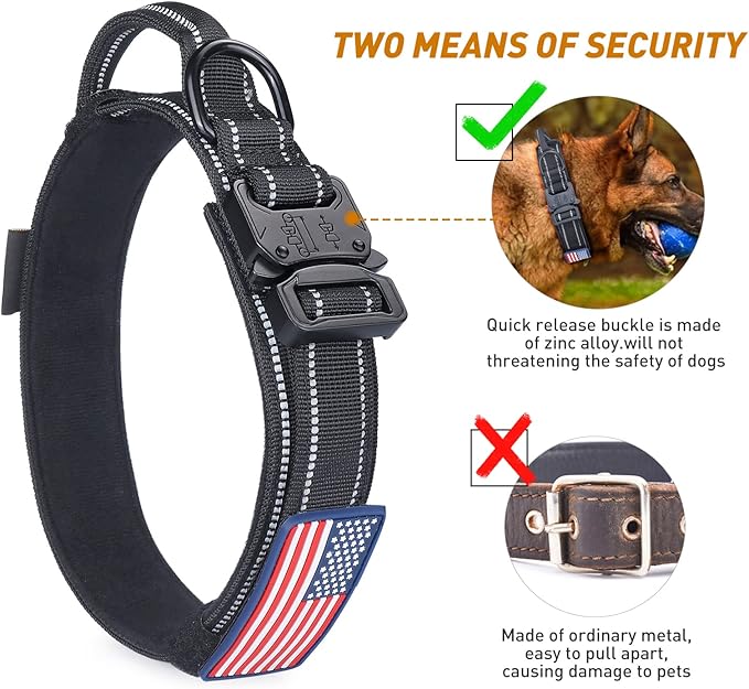 AUBELL Reflective Tactical Dog Collar,Adjustable Military Heavy Duty K9 Collars with Handle and Quick Release Metal Buckle Great for Large Dogs, with Airtag Case and 2 Patches (Black,L)