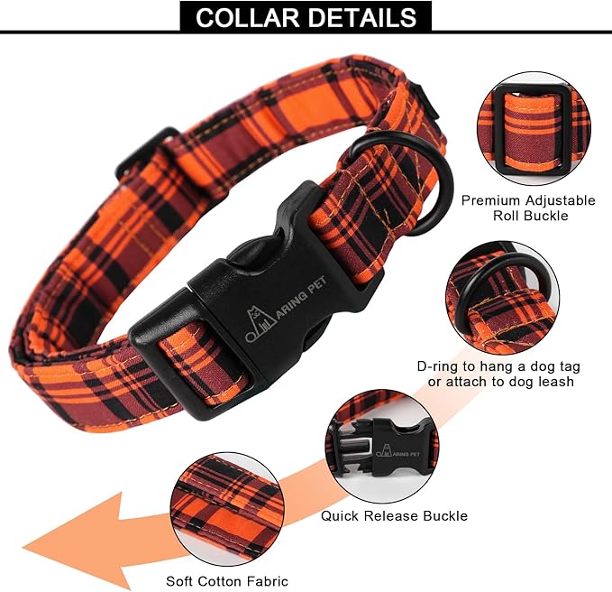 ARING PET Halloween Dog Collar-Cute Fall Dog Collar for Small Dogs, Cotton Halloween Orange Grid Dog Collars for Small Medium Large Female and Male Dogs