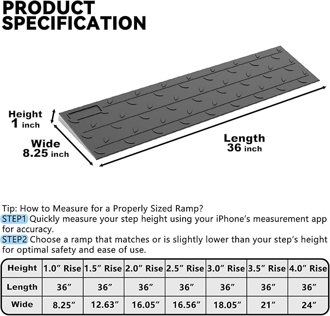 1" Rise 2 Pack Rubber Threshold Ramp for Doorways, 36" Wide Wheelchair Ramp 2200 Lbs Capacity, Entry Curb Ramp with Non-Slip Surface, for Wheelchairs, Scooter, Power Chairs, Driveways