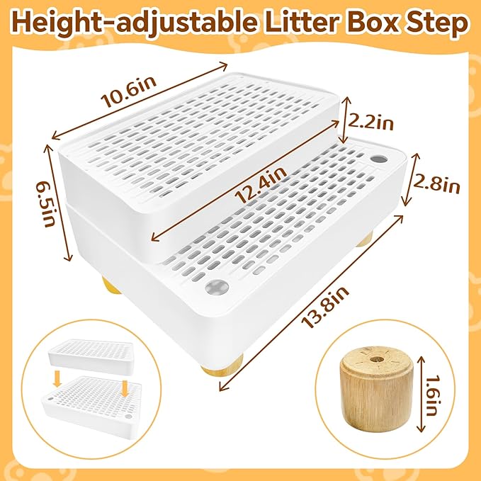 Litter Box Step,2 Steps Litter Box Ramp with Wooden Base,Cat Litter Catcher,Height-Adjustable for Small & Elderly Cats,White