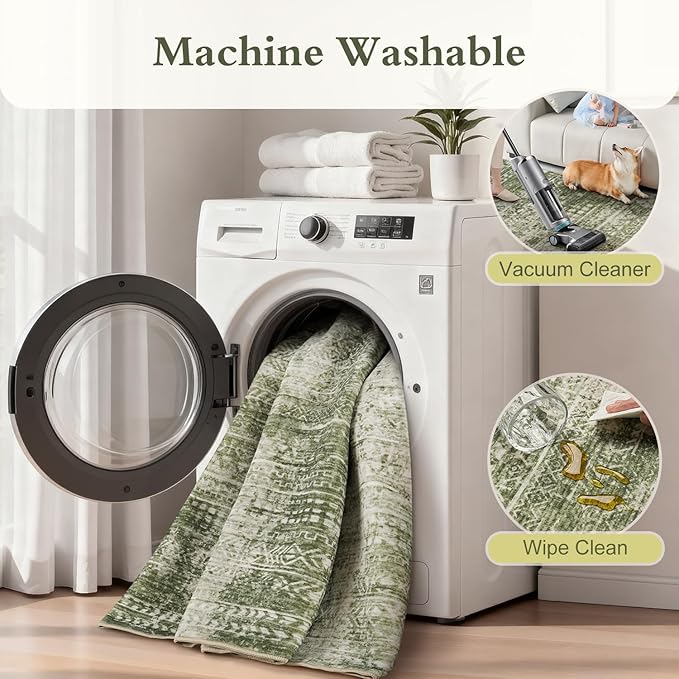 3 x 5 Rug Small Non Slip Machine Washable Rug Distressed Abstract Soft Indoor Carpet Neutral Boho Rug for Bedroom Living Room Entryway Kitchen Bedside, Green