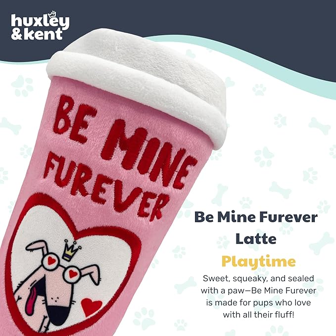 Huxley & Kent Funny Dog Toy w/Squeaker – Valentine's Day Power Plush Squeaky Dog Toys for Small, Medium & Large Dogs – Soft Stuffed Animal for Indoor Play & Fetch - Be Mine Furever Latte, Small