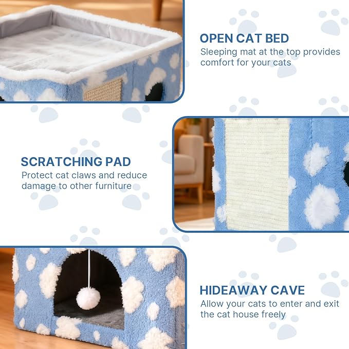 Indoor Cat Beds Large Cat Cave Pet Cube Cat House with Fluffy Ball Hanging and Scratch Pad Foldable Cat Hideaway with 2-in-1 Reversible Cushion for Small Animals Cozy Clouds Blue
