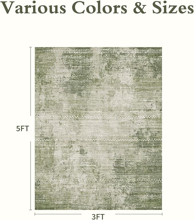 3 x 5 Rug Small Non Slip Machine Washable Rug Distressed Abstract Soft Indoor Carpet Neutral Boho Rug for Bedroom Living Room Entryway Kitchen Bedside, Green