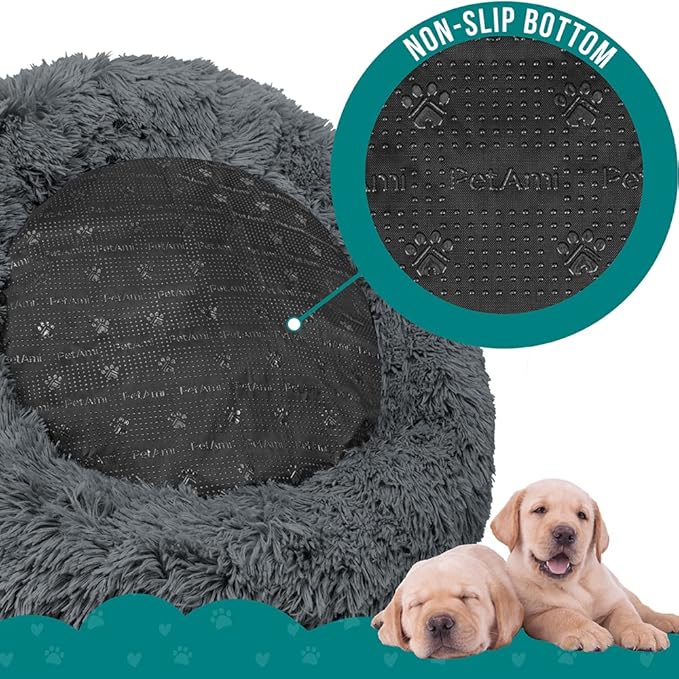 PetAmi Calming Dog Bed for Small & Medium Dogs and Cats, 30 Round Donut Dog Bed, Washable Fluffy Faux Fur Puppy & Cat Bed, Anti-Anxiety Plush Cuddler Pet Bed with Anti-Slip Bottom - Dark Gray